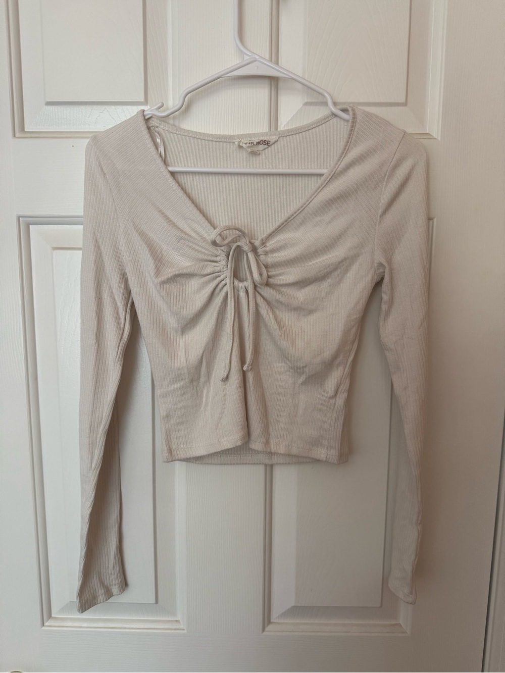 Pink Rose Ribbed Tie-Front Long Sleeve Top - Beige